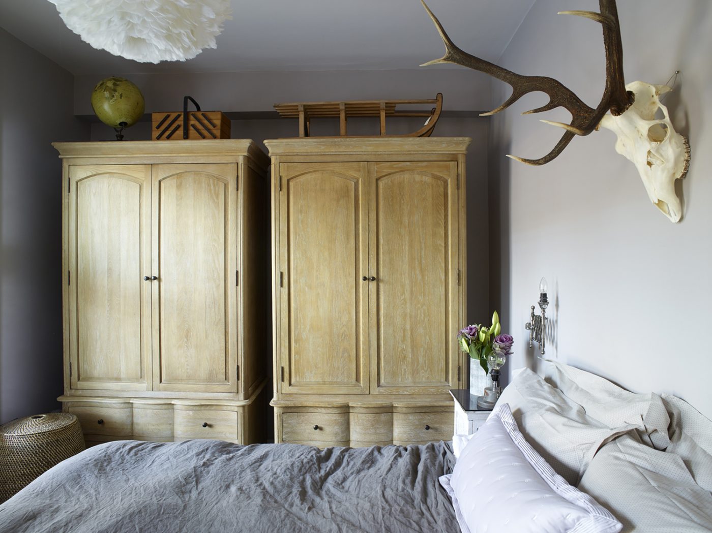 Interior Design West London Master Bedroom Farrowandball Dovetail Interior Design West London Master Bedroom Farrowandball Dovetail Extendable Wall Lights Linen Bedcover Dotted Pillowcase Feather Ceiling Lampshade Horns