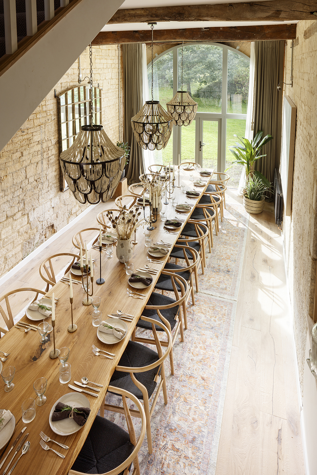 Cotswold Barn Dining Room Table Ceiling Beams Down Shot Portrait