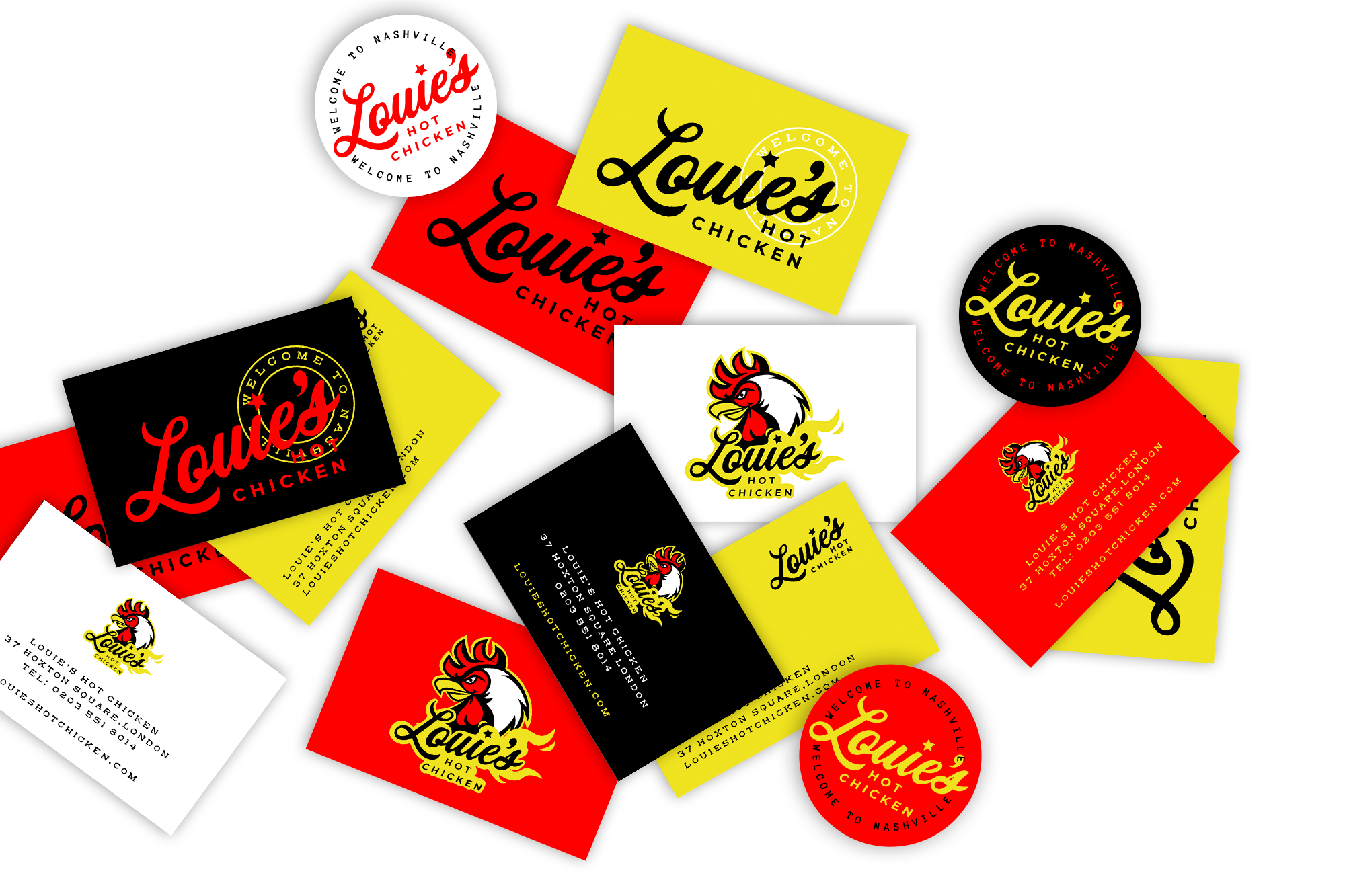 louie's hot chicken, business cards, sticker