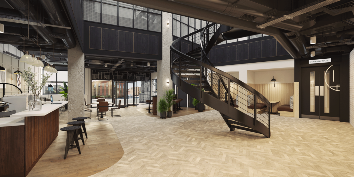 Eco workspace, lobby reception, spiral staircase