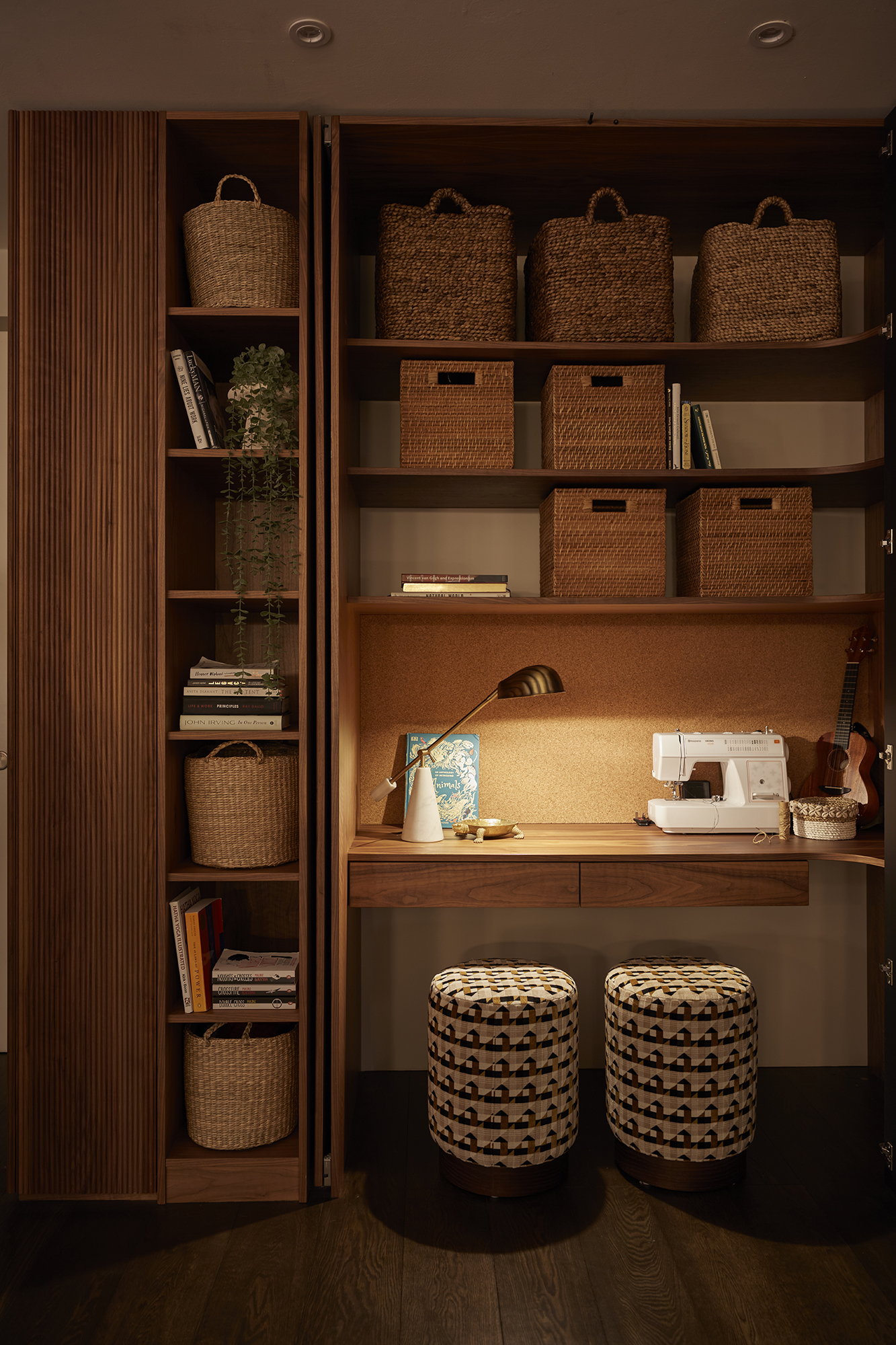 cozy wooden desk, storage organization, warm lighting