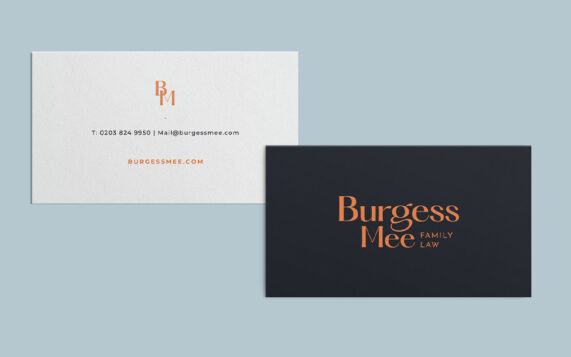Burgess Mee business cards in navy, cream and orange with logo and logomark