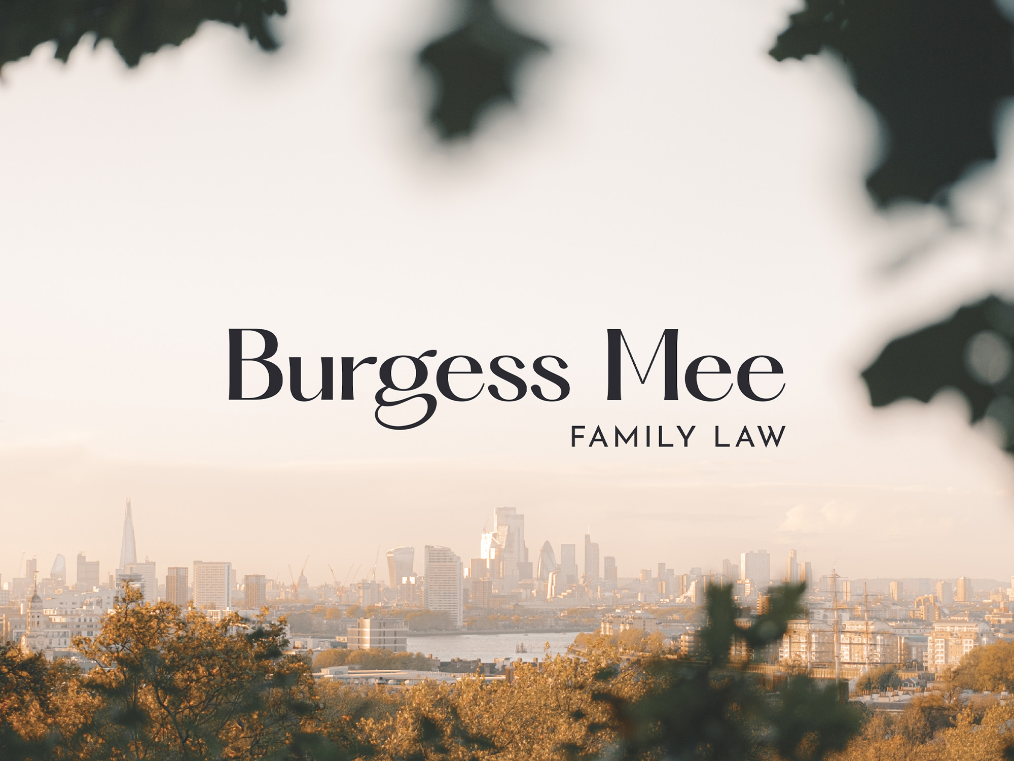 City skyline with trees in view looking over the water. Burgess Mee family law logo on top.