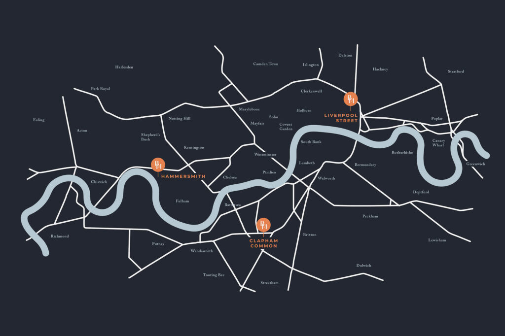 burgess me illustrated map for wayfinding in navy, pale blue, white and orange