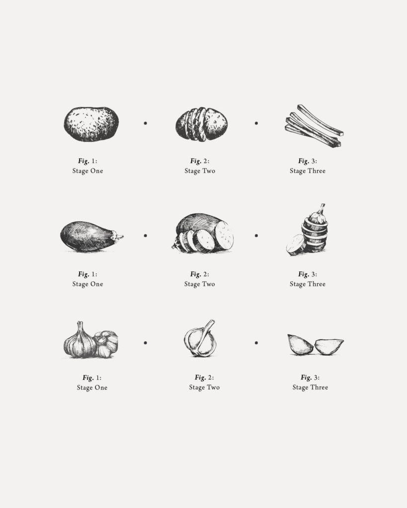 Black hand drawn vintage style food illustrations on a cream background
