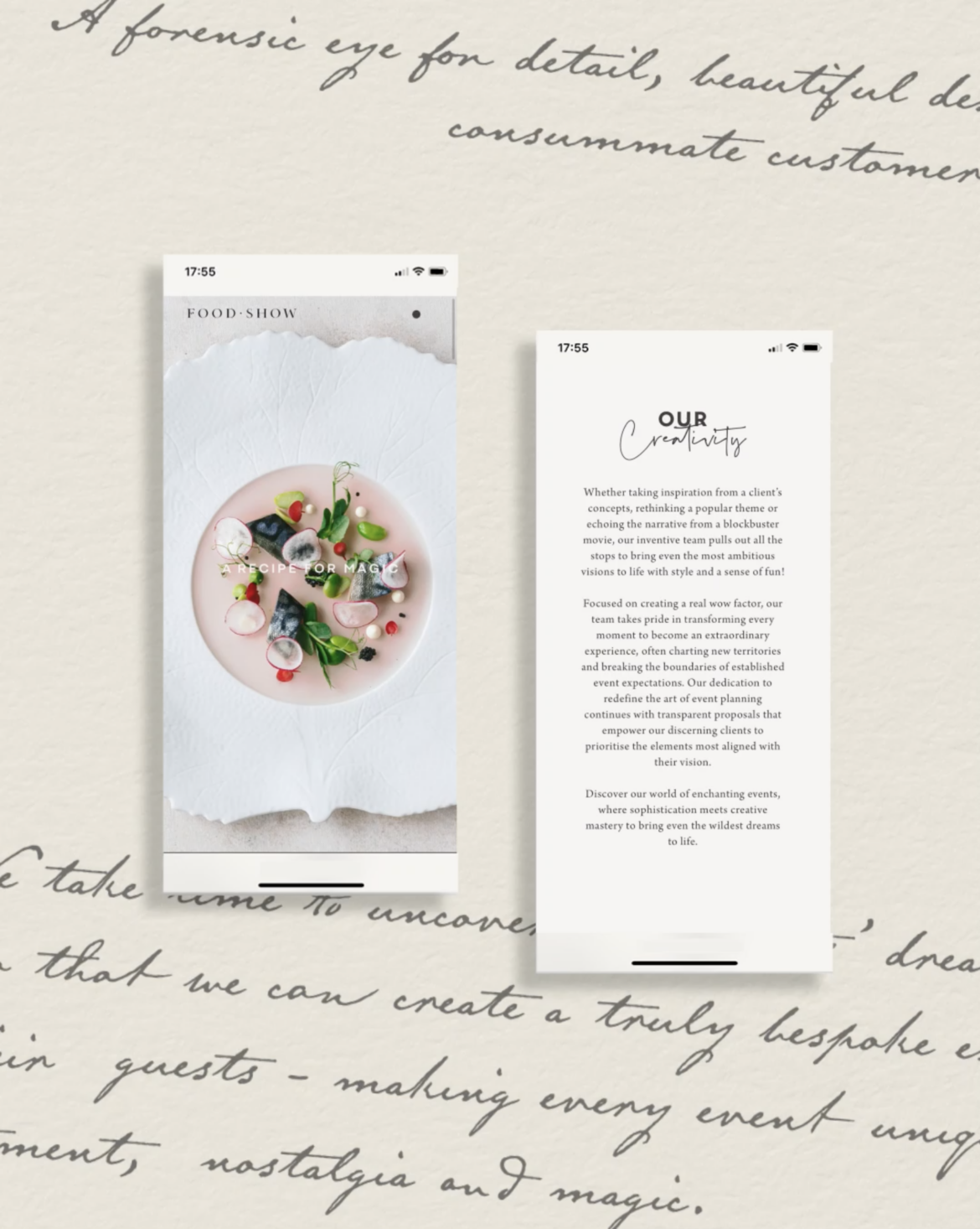 food show long website on an iphone mockup on a cream background with hand written light grey quotes going off the page