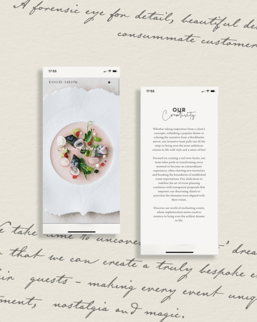 food show long website on an iphone mockup on a cream background with hand written light grey quotes going off the page
