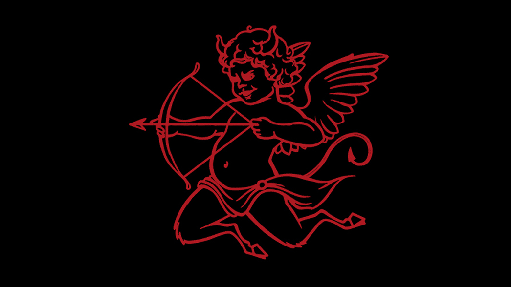 Illustration of a floating cupid angel/demon in red