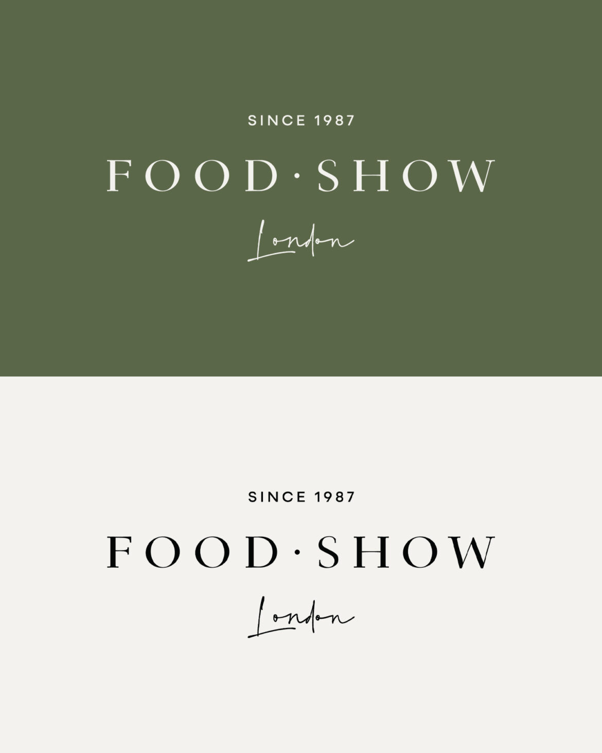 food show logo lockup in cream and grey on a cream and green background