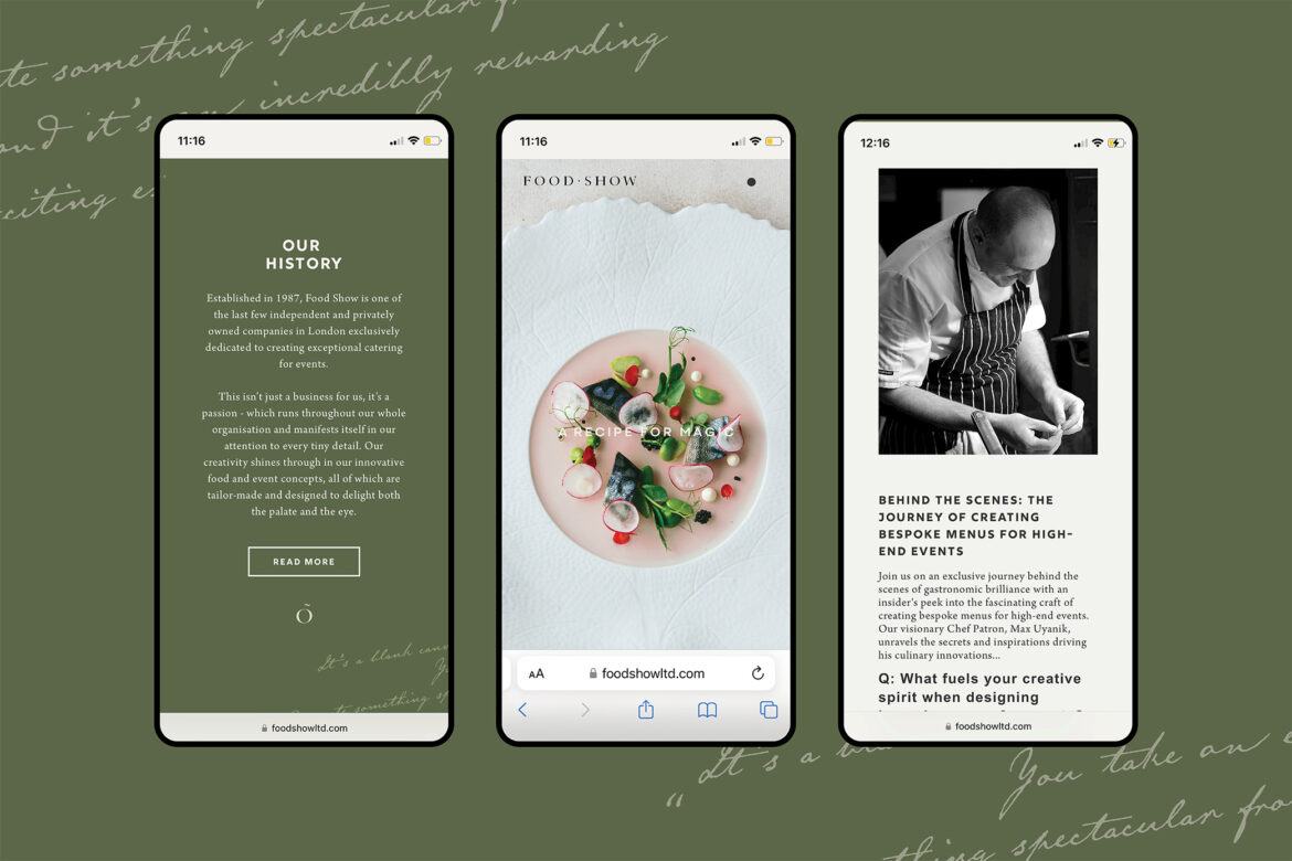 Food show website pages iphone mockup on olive green background